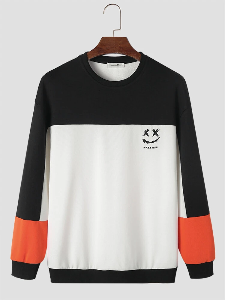 (image for) ChArmkpR Mens Smile Face Print Color Block Patchwork Pullover Sweatshirts